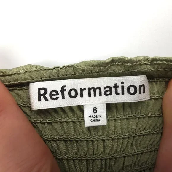REFORMATION Sage Silk Jumpsuit Smocked Wide Leg Artichoke Green Clean Girl